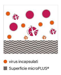 Diagramma che illustra l'effetto antibatterico e antivirale delle superfici microPLUS® Diagramma che illustra l'effetto antibatterico e antivirale delle superfici microPLUS®