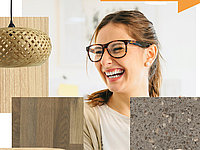 Career at Pfleiderer The picture shows a collage with a young lady with dark hair and dark glasses at its centre. She holds a cup in her hand and smiles towards the left edge of the picture. This picture is framed by key visuals such as an orange handbag, a large braided lampshade, a stack of wooden plates and some Pfleiderer wood decors. In addition, the solgan "INSPIRATIONS CLOSE TO YOU" is included in an orange speech bubble.