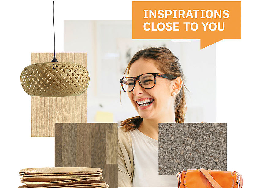 Career at Pfleiderer The picture shows a collage with a young lady with dark hair and dark glasses at its centre. She holds a cup in her hand and smiles towards the left edge of the picture. This picture is framed by key visuals such as an orange handbag, a large braided lampshade, a stack of wooden plates and some Pfleiderer wood decors. In addition, the solgan "INSPIRATIONS CLOSE TO YOU" is included in an orange speech bubble.