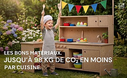 Un enfant dans une cuisine jouet en bois (image générée par IA)