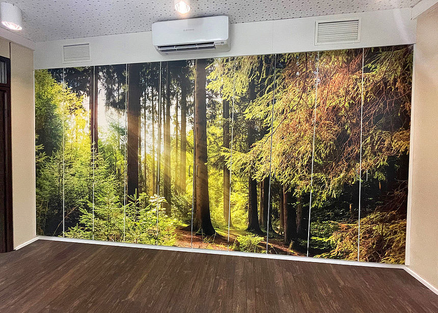 Wall unit with photo motif forest situation Wall unit with doors on which the photo motif of a forest situation with sunbeams is depicted