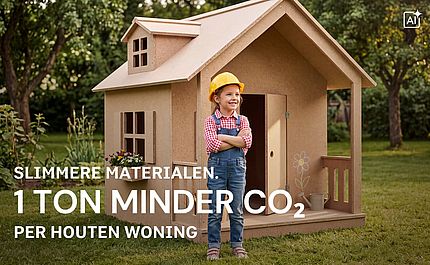 kind voor een houten huis (afbeelding gegenereerd door AI)