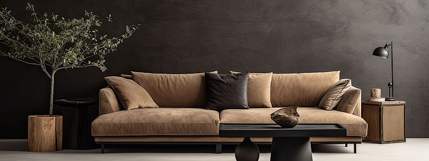 Wohnzimmer mit braunem Sofa und dunklem Wohnzimmertisch Wohnzimmer mit braunem Sofa und dunklem Wohnzimmertisch