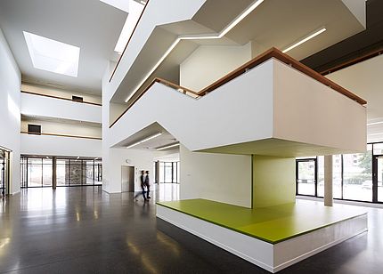 School staircase with seating areas