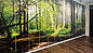 Schrankwand von der Seite mit Türen auf denen das Fotomotiv einer Waldlichtung abgebildet ist