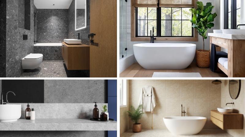 Collage van Natural Balance - Pfleiderer decoratieve trends voor de badkamer