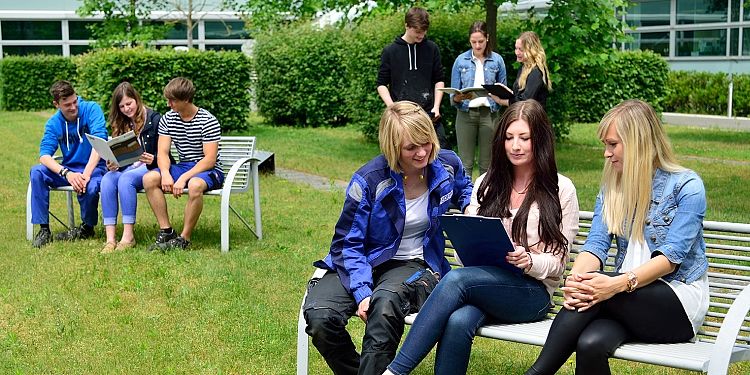 Austausch in Gruppen Dre Dreiergruppen tauschen in einem Park ihre Erfahrungen aus. Zwei der Gruppen sitzen auf Bänken, eine Gruppe steht.