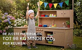 Kind in een houten speelgoedkeuken (afbeelding gegenereerd door AI)