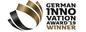 The logo of the German Innovation Award with white and gold lettering on a white background