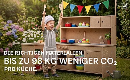 Kind in einer Spielzeugküche aus Holz (KI)
