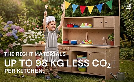 Kid in a wooden toy kitchen (AI)