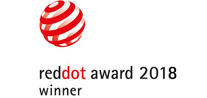 RedDot Award 2019 - Product Design The RedDot logo with black writing on a white background and a red ball of stripes on the upper left corner