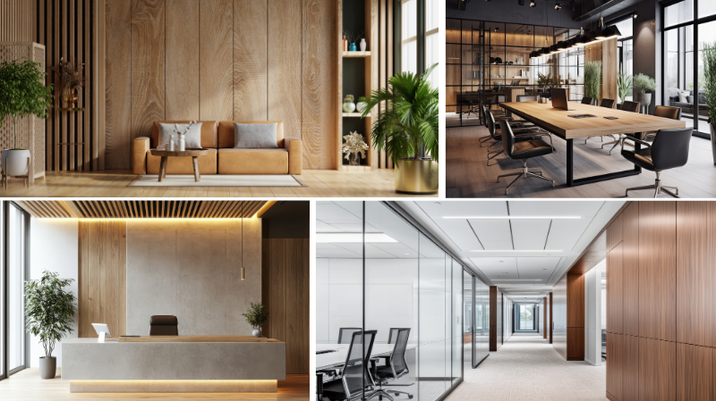 Kollage van Natural Balance - Pfleiderer Dekortrends voor de kantoorsector