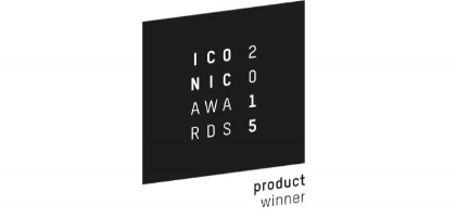 Iconic Award 2015 Het logo van de Iconic Award met witte letters op een zwarte achtergrond