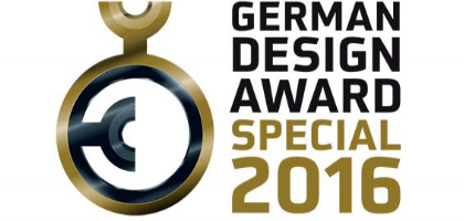 German Design Award 2016 The logo of the German Design Award with black and golden lettering on a white background