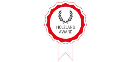 HolzLand Award 2016 Een rode winnende pin met het opschrift "Holzland Award"