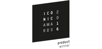 Iconic Award 2016 Het logo van de Iconic Award met witte letters op een zwarte achtergrond