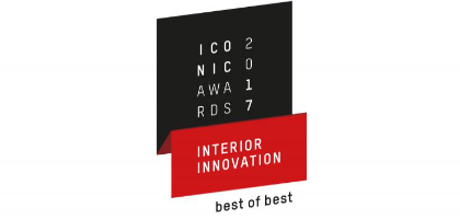 The Iconic Award 2017: interior innovation Het logo van de Iconic Awards 2017 met een zwarte en een rode doos. Beide zijn geschreven in witte tekst