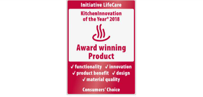 The kitchen innovation of the year 2018 Het logo van de prijs "KitchenInnovation van het jaar 2018" met rode letters en een witte achtergrond